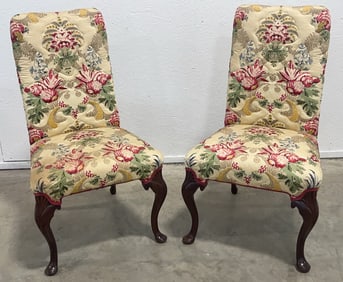 Pair Of Vintage Chippendale Upholstered Mahogany Side Chairs