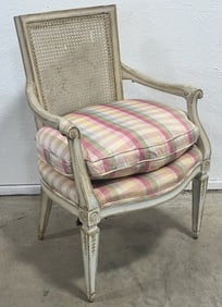 Vintage White Washed Wood Cane Back Upholstered Arm Chair