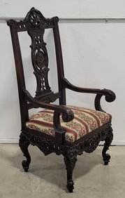 Victorian Carved Walnut & Needlepoint Throne Chair