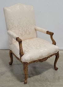 Vintage Baker French Country Carved Walnut Upholstered Arm Chair