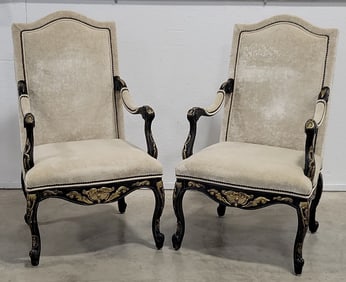 Pair Of French Louis XV Black & Gold Upholstered Arm Chairs