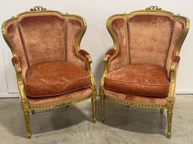 Pair Of Antique French Louis XVI Style Gilded Wood Bergeres Chairs With Carved Decoration