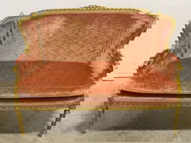 Pair Of Antique French Louis XVI Style Gilded Wood Settee With Carved Decoration