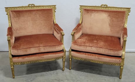 Pair Of Antique French Louis XVI Style Gilded Wood Bergeres Chairs With Carved Decoration