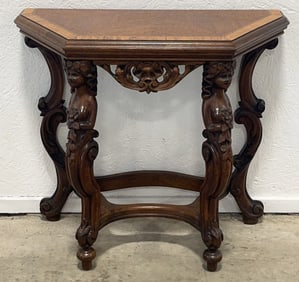 Antique Walnut Side Table With Carved Women & Inlay