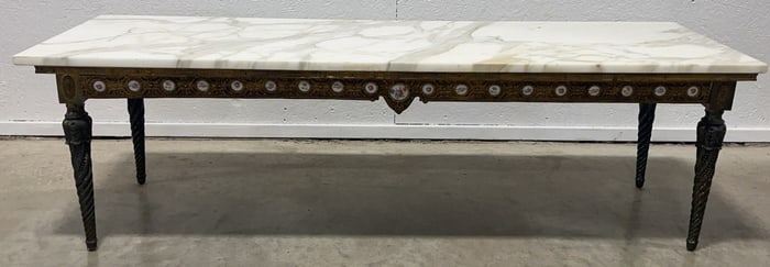 Gilt Metal Marble Top Coffee Table With Painted Porcelain Plaques