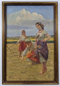 Signed Young Women In Wheat Field Oil Painting On Canvas