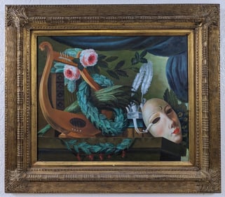 Signed Lyre Harp & Mask Oil Painting On Canvas Painting