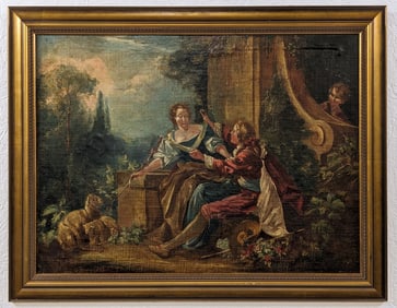 French School Romantic Couple In Garden Oil Painting On Canvas