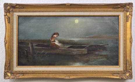 Antique Woman In Boat Under Moonlight Oil Painting On Canvas
