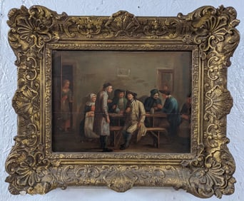 Antique Georg Gunther Bar Scene Oil On Wood Panel