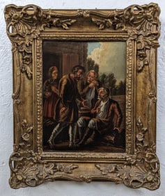 Antique "The Argument" Oil Painting On Tin