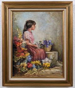 Birdell Eliason "Girl With Flowers" Oil Painting On Canvas