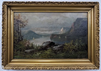 Antique Melrose "Lake With Sailboats" Oil Painting On Canvas
