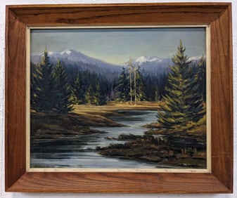 Vintage Rocky Mountain Landscape Oil Painting On Board