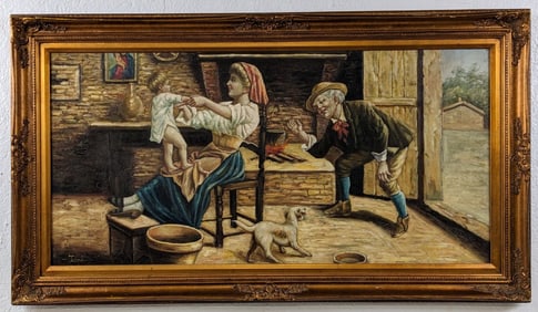 Signed A Mom With Baby & Old Man Oil Painting On Canvas