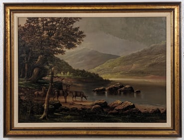 Antique Deer By River Landscape Oil Painting On Canvas