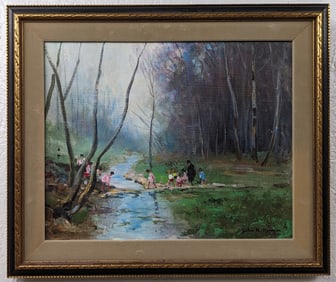 Jules Rene Herve Children Crossing Stream Oil Painting On Canvas