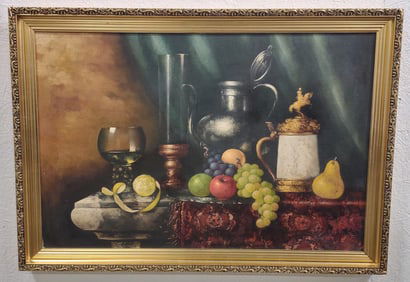 Peter Kloton Wine & Fruit Still Life Oil Painting On Canvas