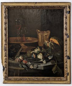 Antique Unsigned Still Life Oil Painting On Canvas