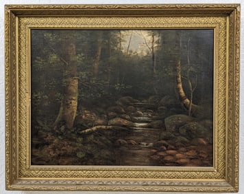Early 20th Century Forest Stream Landscape Oil Painting On Canvas