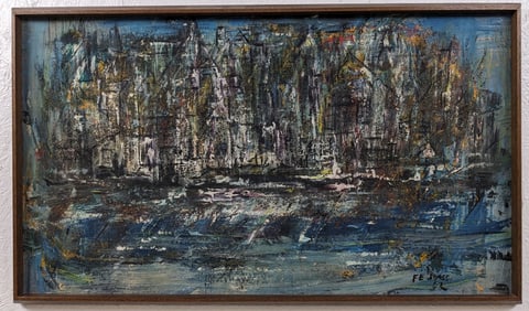 1962 Frederick E. Jones Abstract Cityscape Oil Painting On Board