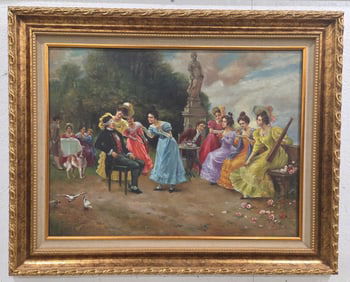 Signed Women Blindfolding Groom Oil Painting On Canvas