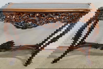 Solid Carved Mahogany Marble Top Console Table