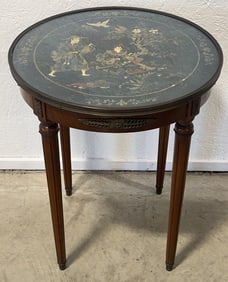 French Louis XVI Style Bouillotte Table With Painted Asian Scene Top