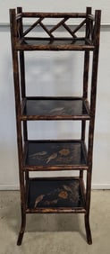 Antique Faux Bamboo Etagere With Chinoiserie Decorated Black Lacquer Shelves