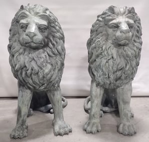 Pair Of Vintage Life-Size Sitting Bronze Lions