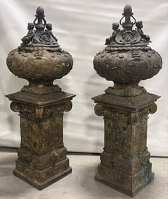 Pair Of Victorian Style Lidded Bronze Garden Urns