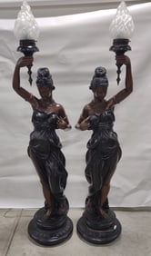 Pair Of Art Deco Style Female Holding Torch Figural Bronze Floor Lamps