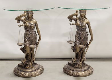 Pair Of Design Toscano "Blind Justice" Glass Top Figural Tables