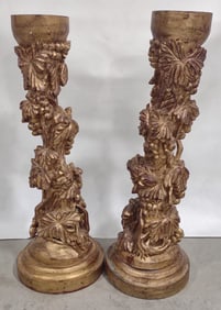 Pair Of Giltwood Carved Wood Columns With Grapes