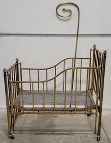 Antique Late Victorian Polished Brass Baby Crib