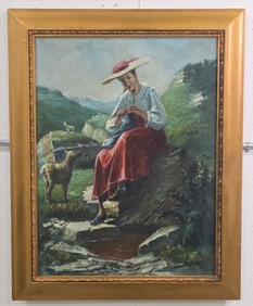 Signed Woman Knitting In The Mountains Ool Painting On Canvas