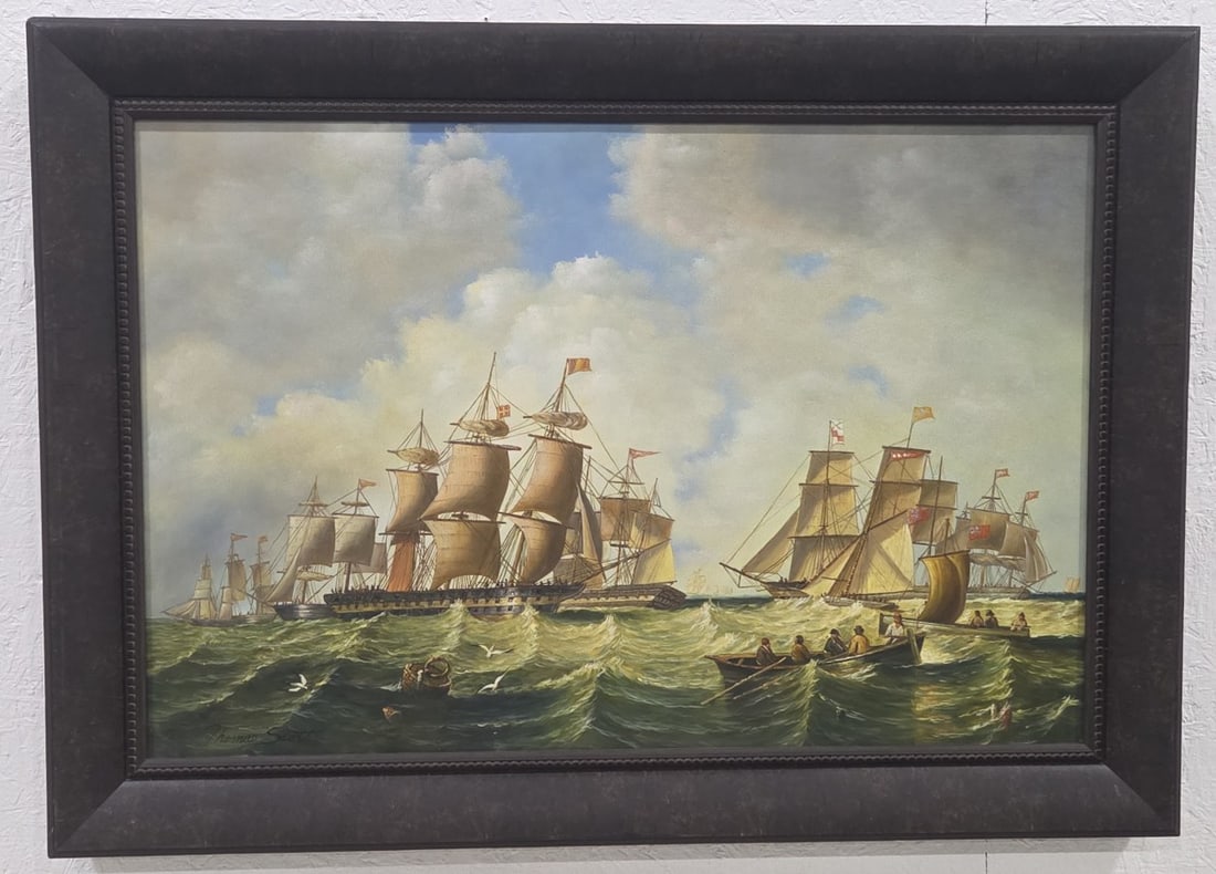 Thomas Scott Gathering Of Ships Oil Painting On Cavas: Oil painting on canvas by listed artist Thomas Scott. The painting features a gathering of ships and is signed in the lower left. Sight measures approximately 35-1/2" across x 23-1/2" tall, framed mea