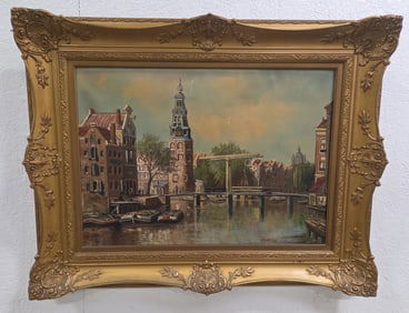 H. Verheyen European City Harbor Oil On Canvas Painting