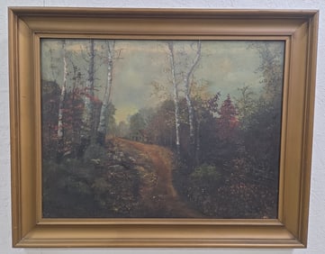 1910 Signed Woodland Path & House Oil Painting On Canvas