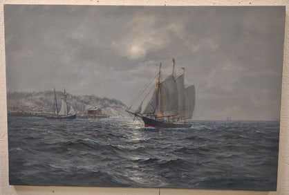 Charles Vickery Moonlit Nautical Scene Oil Painting On Canvas