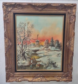 Unsigned Dutch Winter Homestead Oil Painting On Canvas