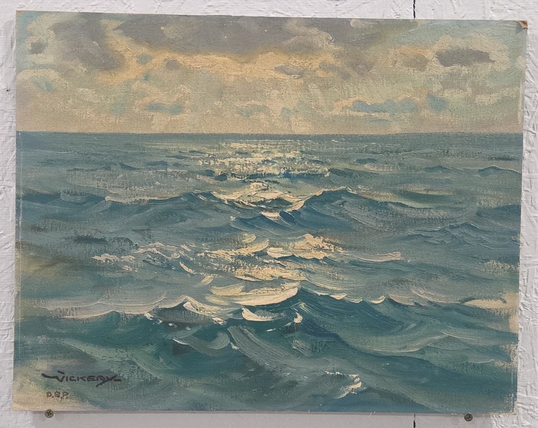 Charles Vickery Calm Seas Oil Painting On Board: Oil painting on board by listed Illinois artist Charles Vickery (1913-1998). The painting features a calm sea and is signed in the lower left. Sight measures approximately 18" across x 14" tall, unfra