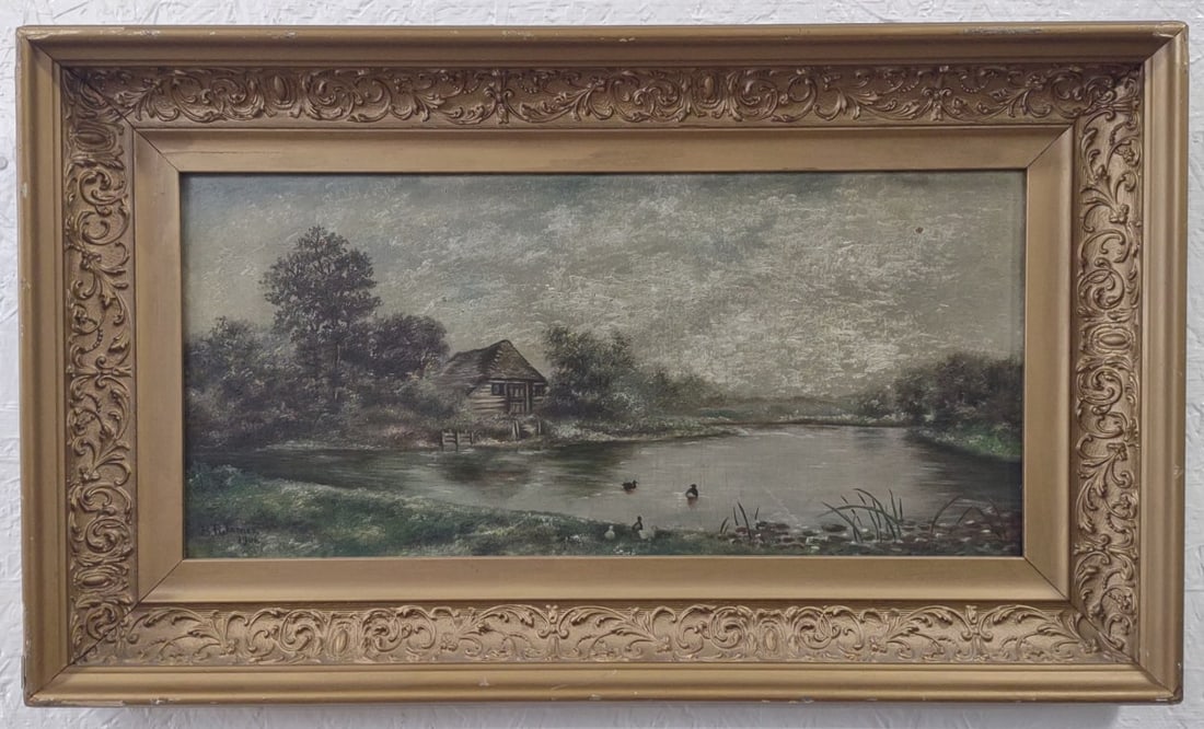 1904 B.R. James Cabin In The Woods Oil Painting On Canvas: Dated 1904 oil painting on canvas by artist B.R. James. The painting features a cabin in the woods next to a pond with ducks and is signed and dated in the lower left. Sight measures approximately 18-