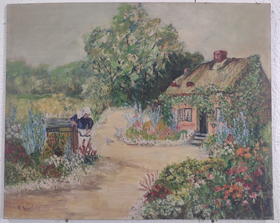 Carol Ruth Norling Cottage Landscape Oil Painting On Canvas Board: Oil painting on canvas board by listed artist Carol Ruth Norling (1937-2021). The painting features an cottage landscape with a woman by a well, signed in the lower left. Sight measures approximately 