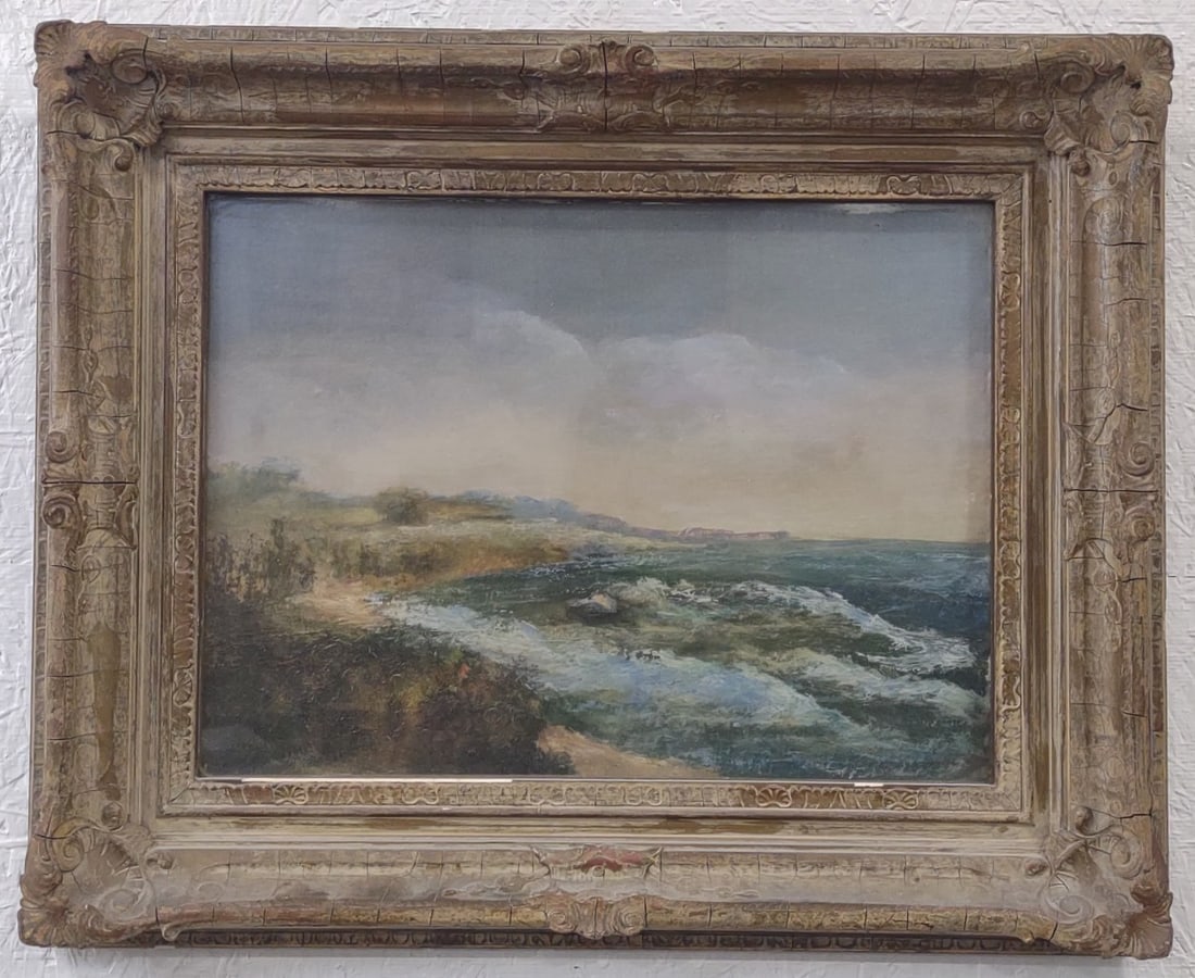Charles Hetherington "Michigan Shore" Oil Painting On Canvas Board: Dated 1920 oil painting on canvas board by listed Illinois / Florida / Canada artist Charles Hetherington (1855-1938). The painting is titled "Michigan Shore" and is signed, dated, and titled on the v