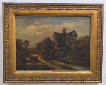 Antique N. Yale English Country Tudor House Oil Painting On Canvas