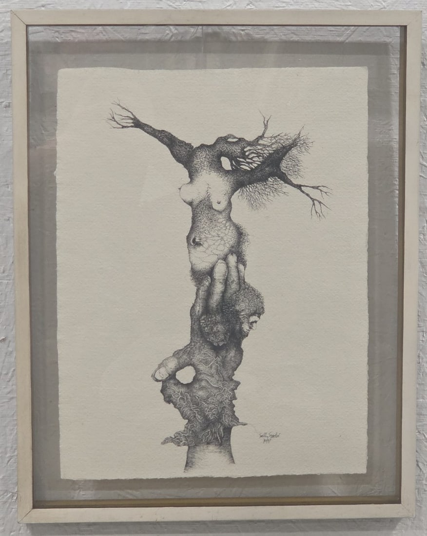 1971 Sally Spector Surrealistic Ink On Paper Drawing: Dated 1971 ink on paper drawing by artist Sally Spector. The surrealistic drawing is framed under glass, signed in the lower right. Sight measures approximately 11-1/4" across x 15-1/4" tall, framed m