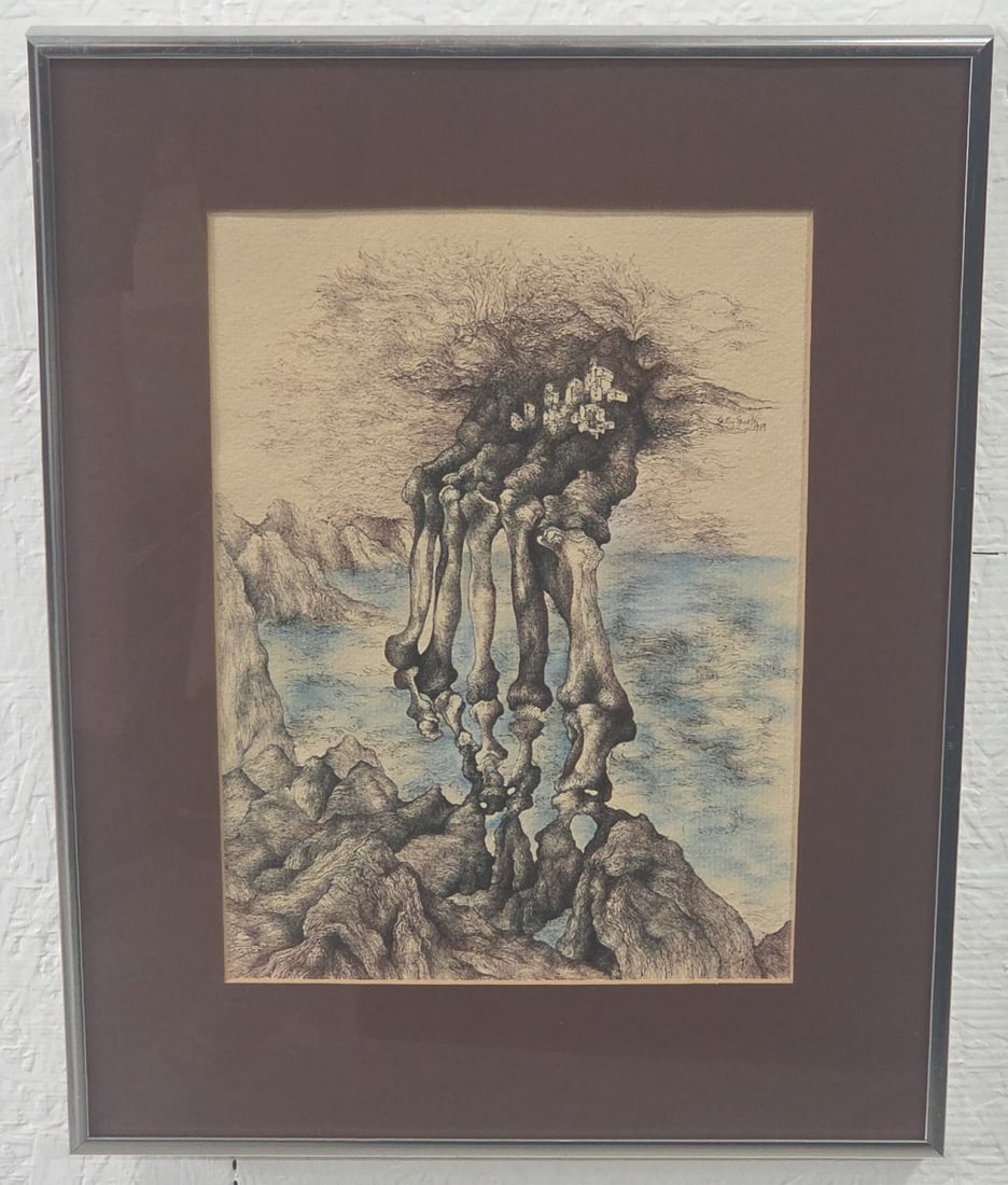 Sally Spector Surrealistic Ink On Paper Drawing: Ink on paper drawing by artist Sally Spector. The surrealistic drawing is framed under glass, unsigned. Sight measures approximately 9" across x 12-1/2" tall, framed measures 14-1/4" across x 18-1/4"