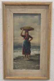Antique Female With Fish Signed Oil Painting On Canvas